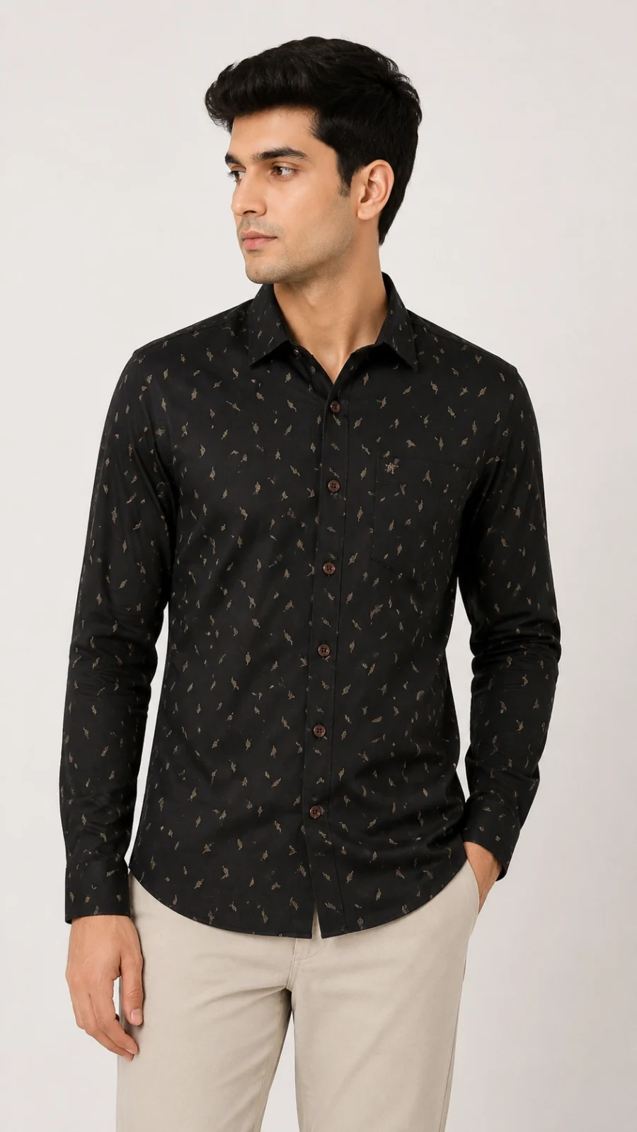 Men's Black Leaf Print Full Sleeve Casual Shirt