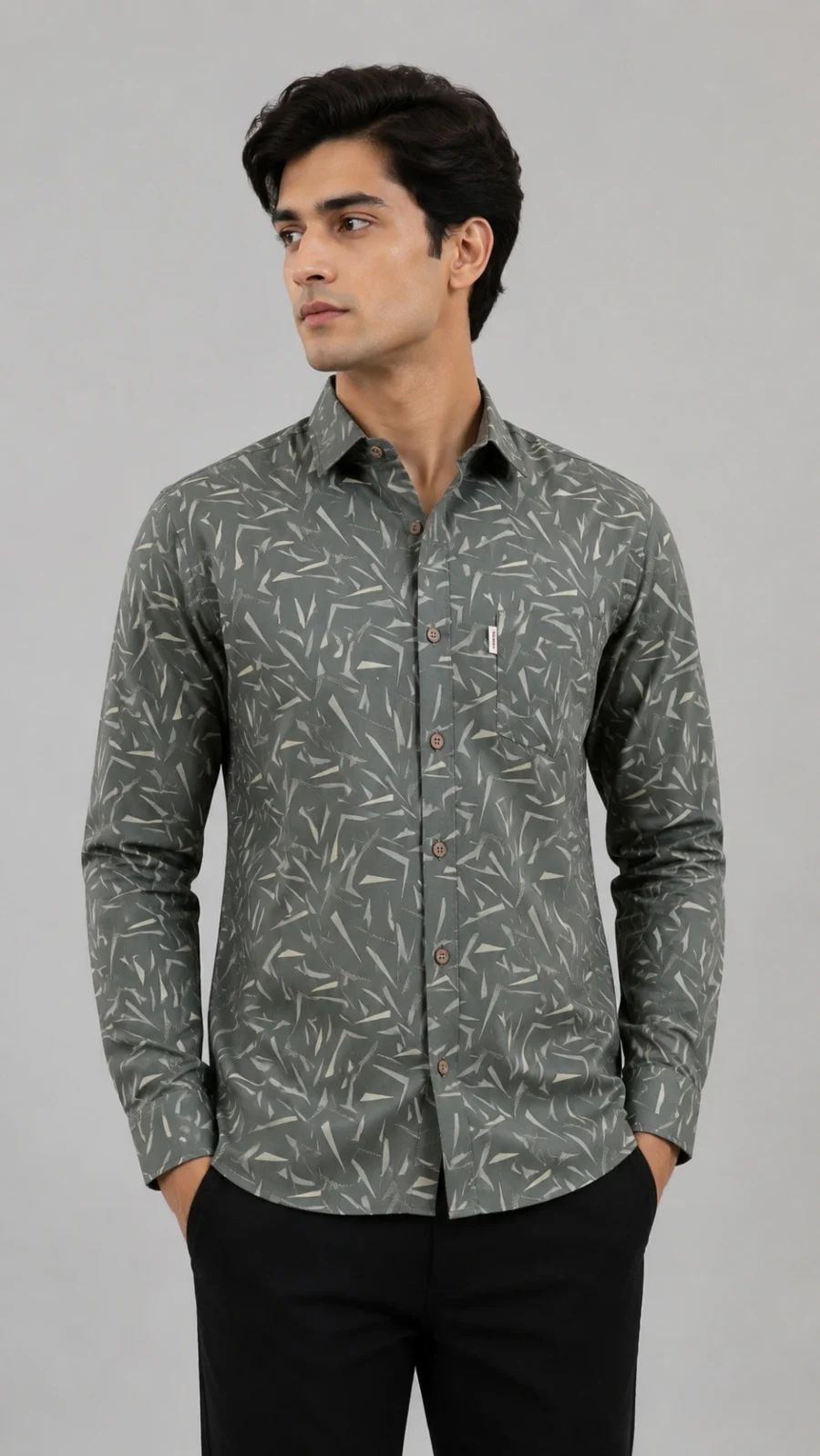 Men's Grey Geometric Printed Full Sleeve Casual Shirt