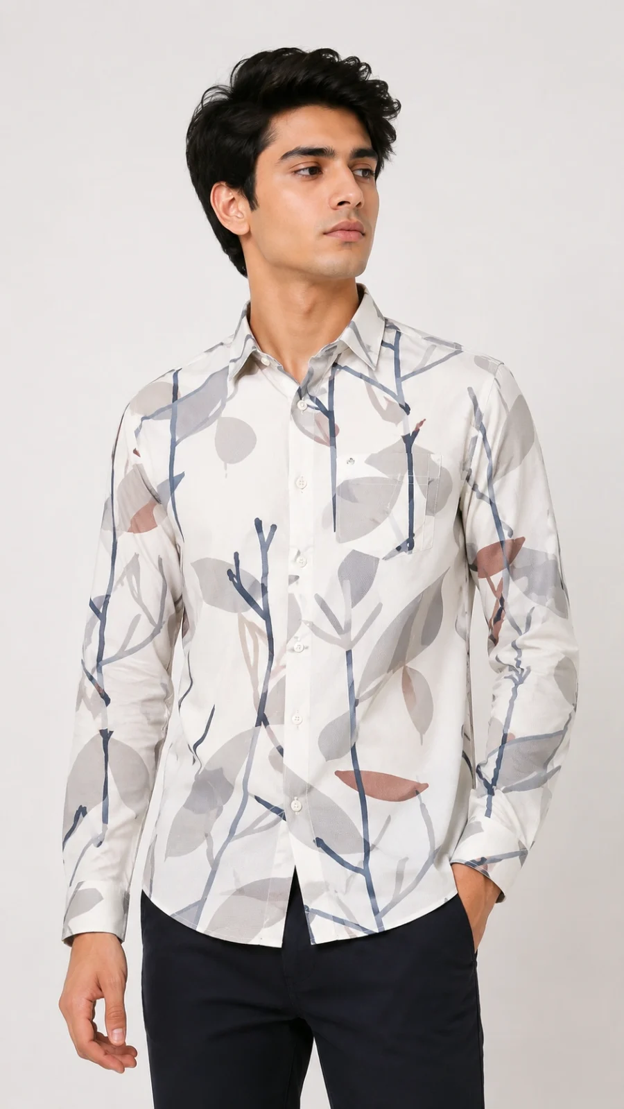 Men's Off-White Abstract Leaf Print Full Sleeve Casual Shirt