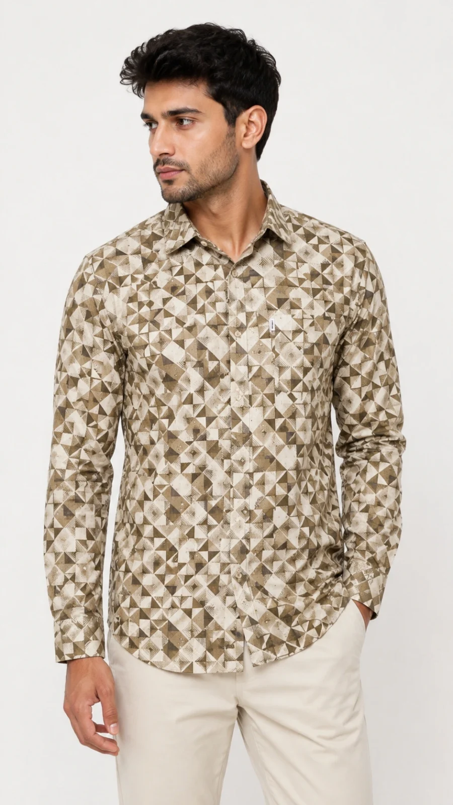 Men's Beige Geometric Print Full Sleeve Casual Shirt