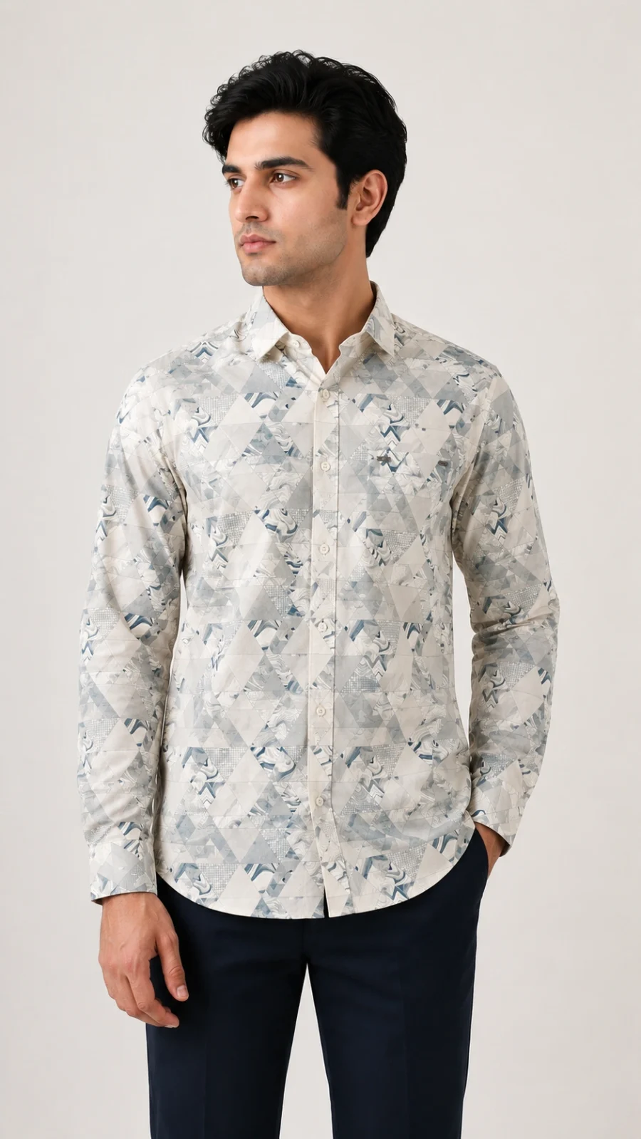 Men's Off-White Geometric Print Premium Cotton Full Sleeve Shirt