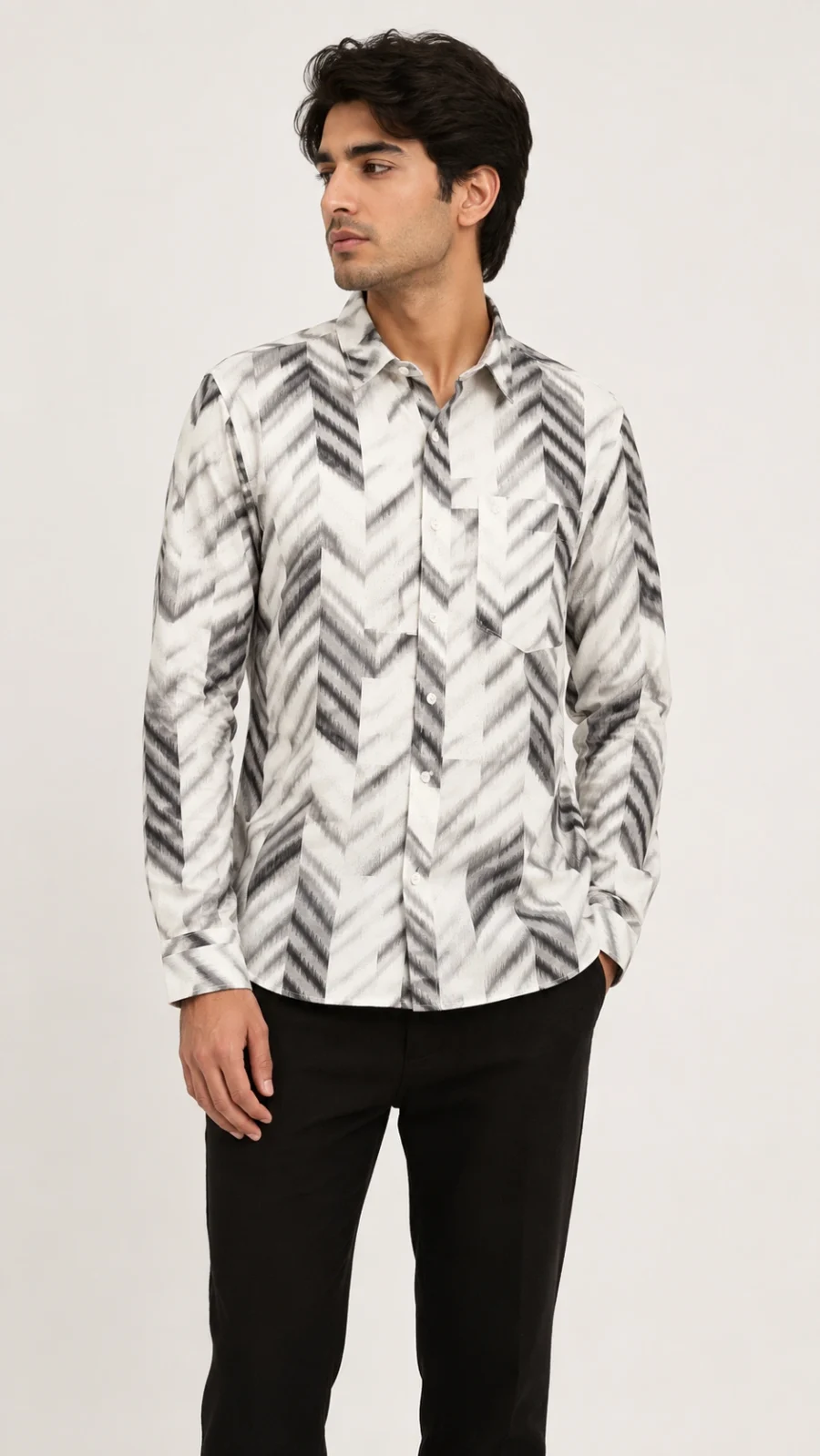 Men's White & Grey Chevron Print Full Sleeve Lycra Shirt
