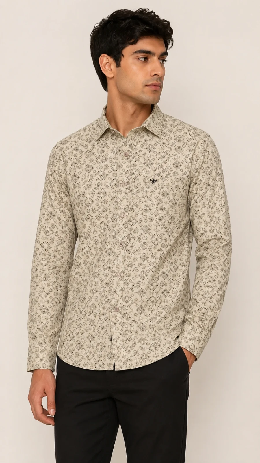 Men's Beige Geometric Print Full Sleeve Casual Shirt