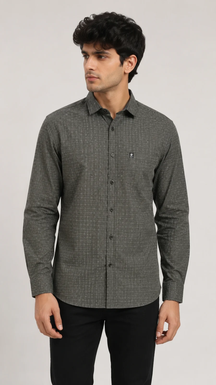 Men's Charcoal Grey Geometric Print Full Sleeve Cotton Blend Formal Shirt