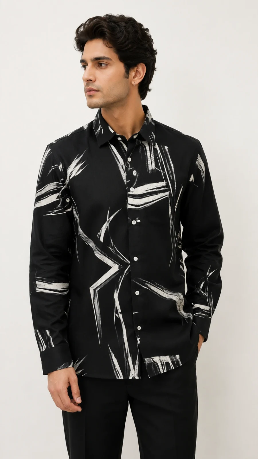Black Abstract Brushstroke Print Full Sleeve Shirt