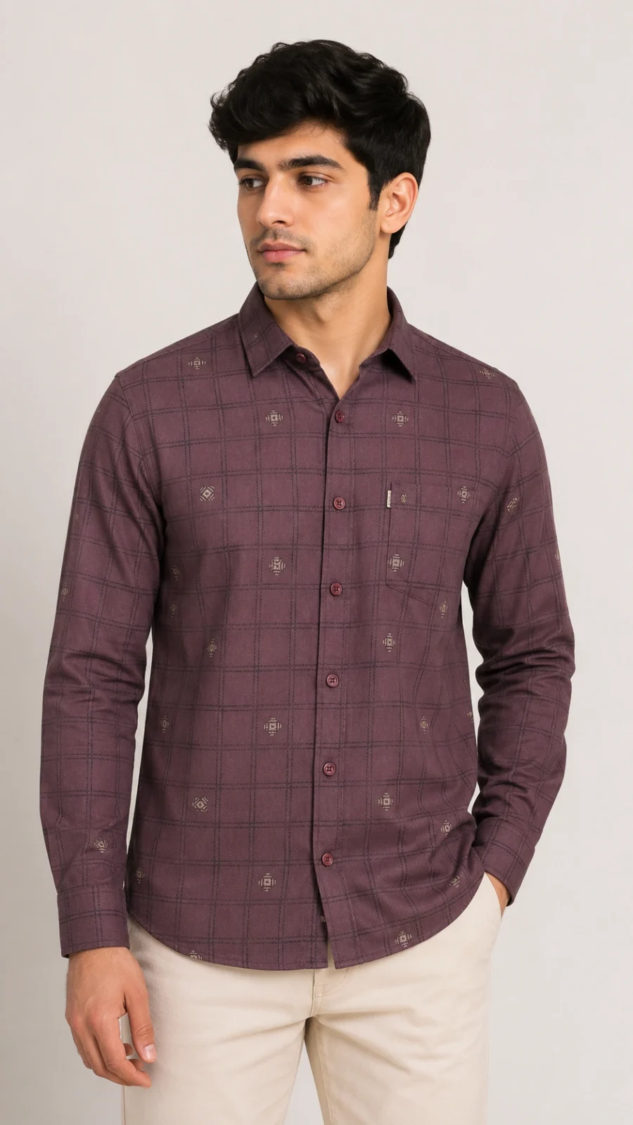 Men's Plum Checked Full Sleeve Casual Shirt