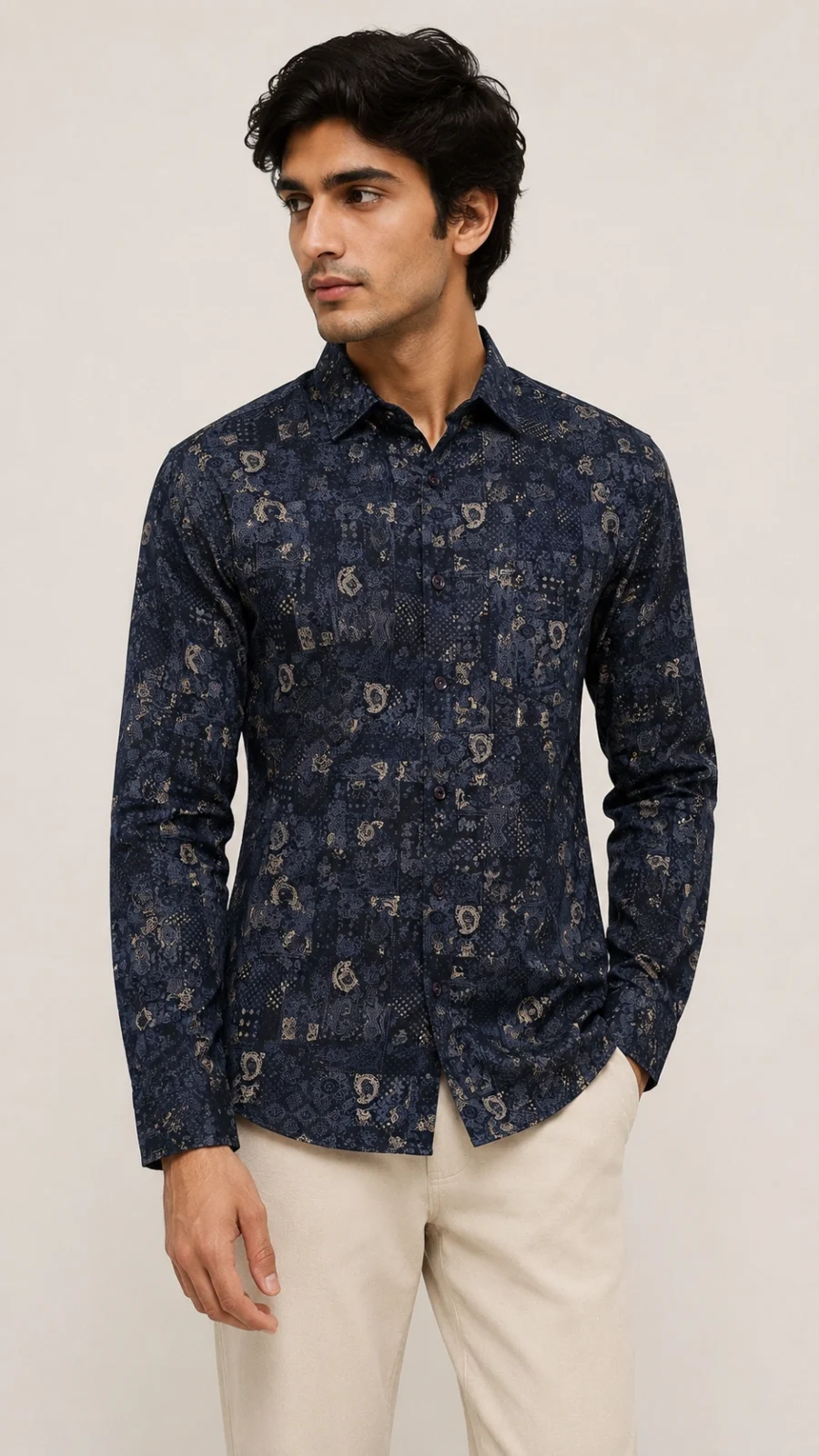 Men's Navy Blue Paisley Patchwork Printed Full Sleeve Shirt