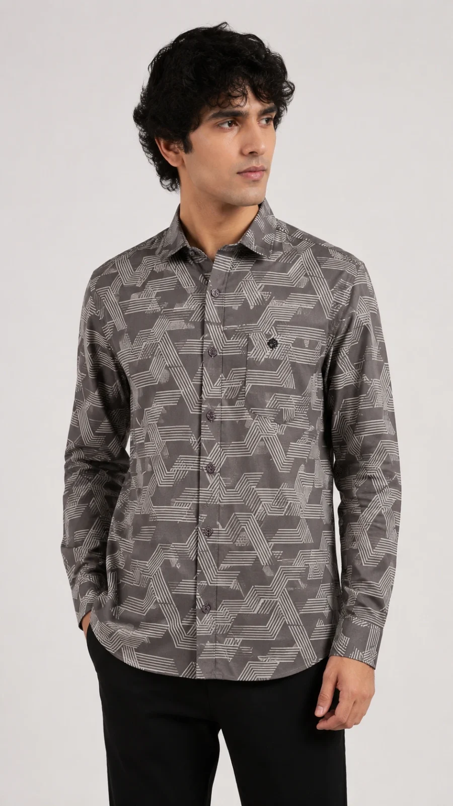 Men's Grey Geometric Print Full Sleeve Casual Shirt