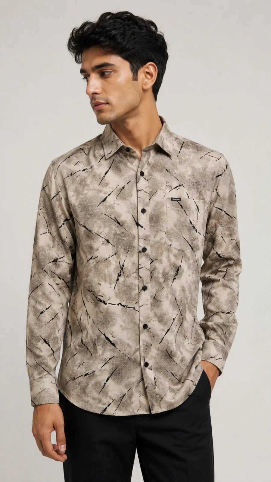 Men's Beige Abstract Brushstroke Print Full Sleeve Casual Shirt