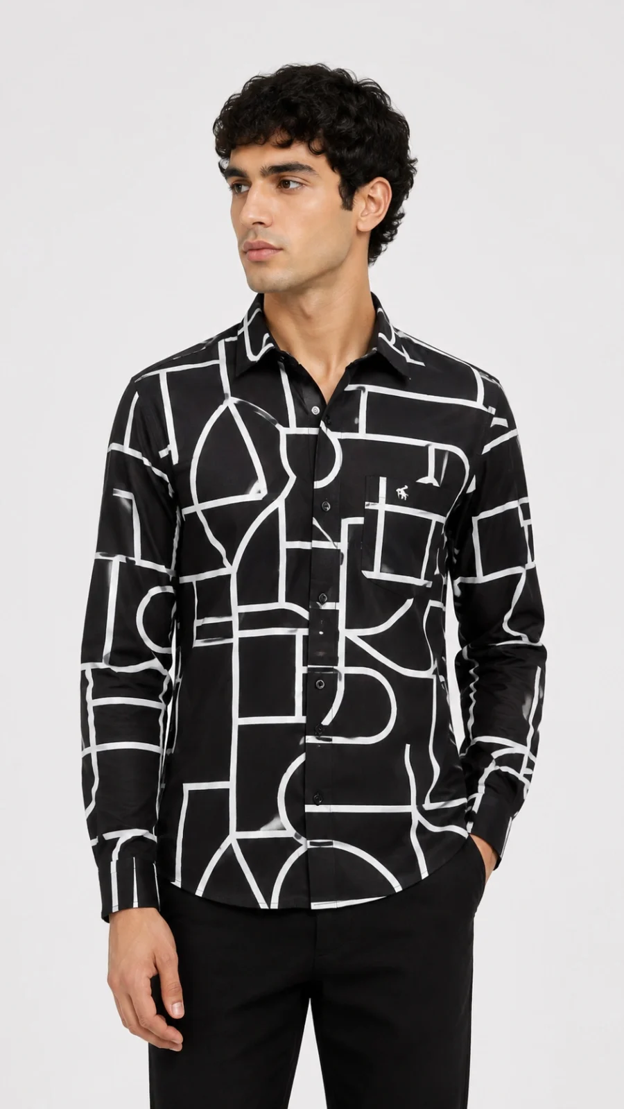 Men's Black & White Geometric Print Full Sleeve Casual Shirt