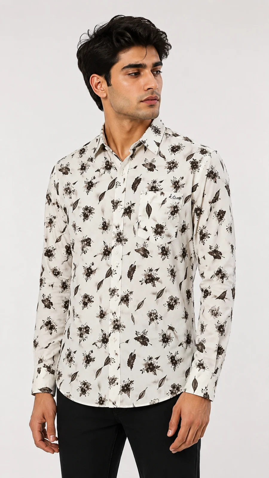 Men's White Floral Leaf Printed Full Sleeve Casual Shirt