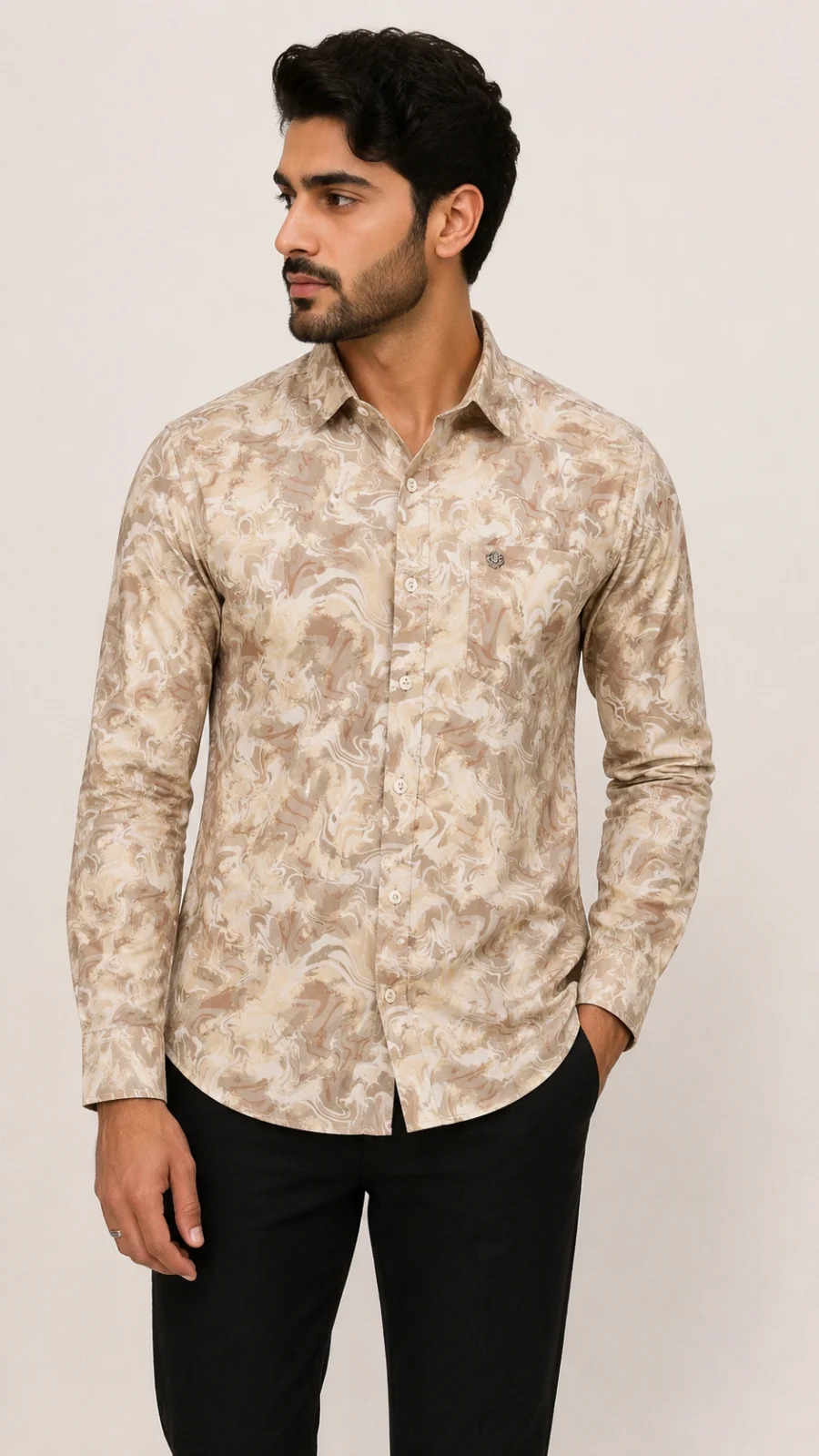 Men's Beige Marble Print Full Sleeve Lycra Shirt