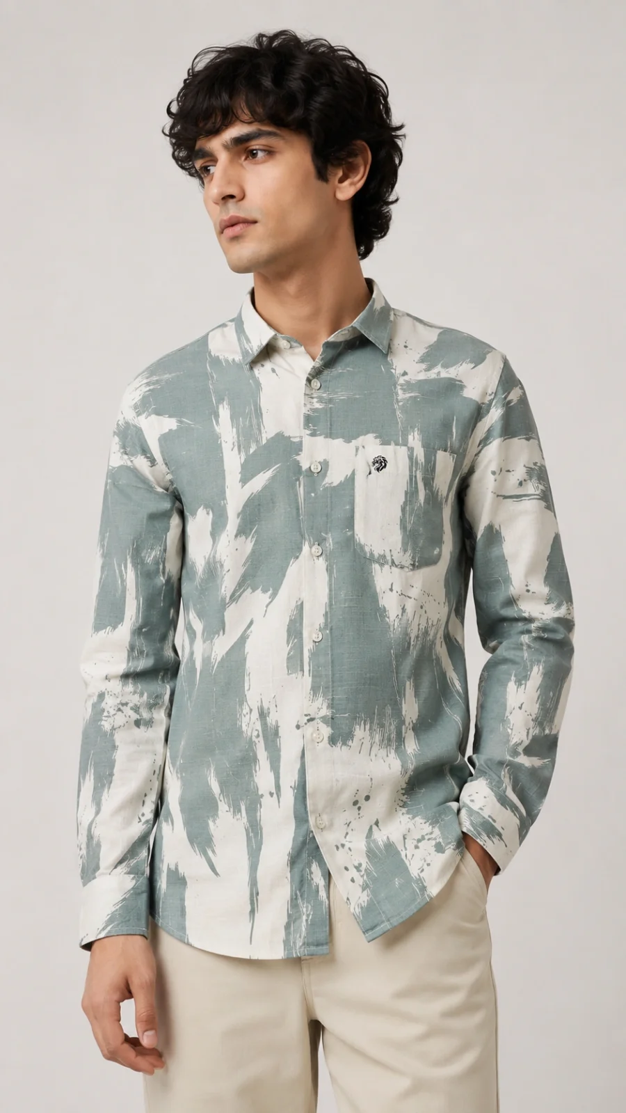 Men's Sage Green & White Abstract Brush Print Full Sleeve Shirt