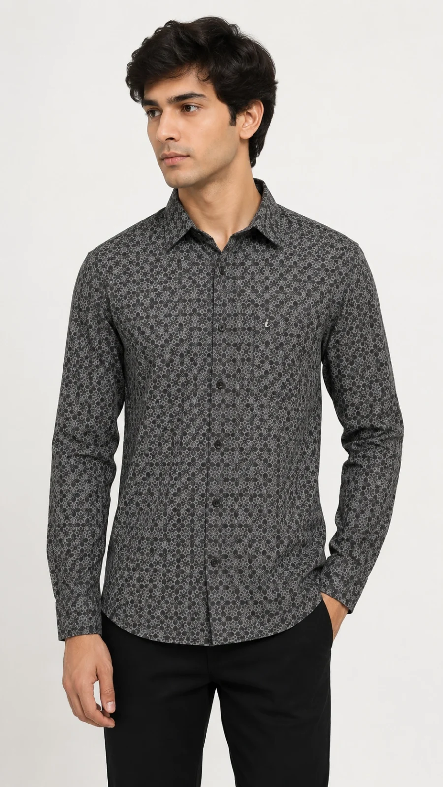 Men's Charcoal Grey Geometric Print Full Sleeve Casual Shirt