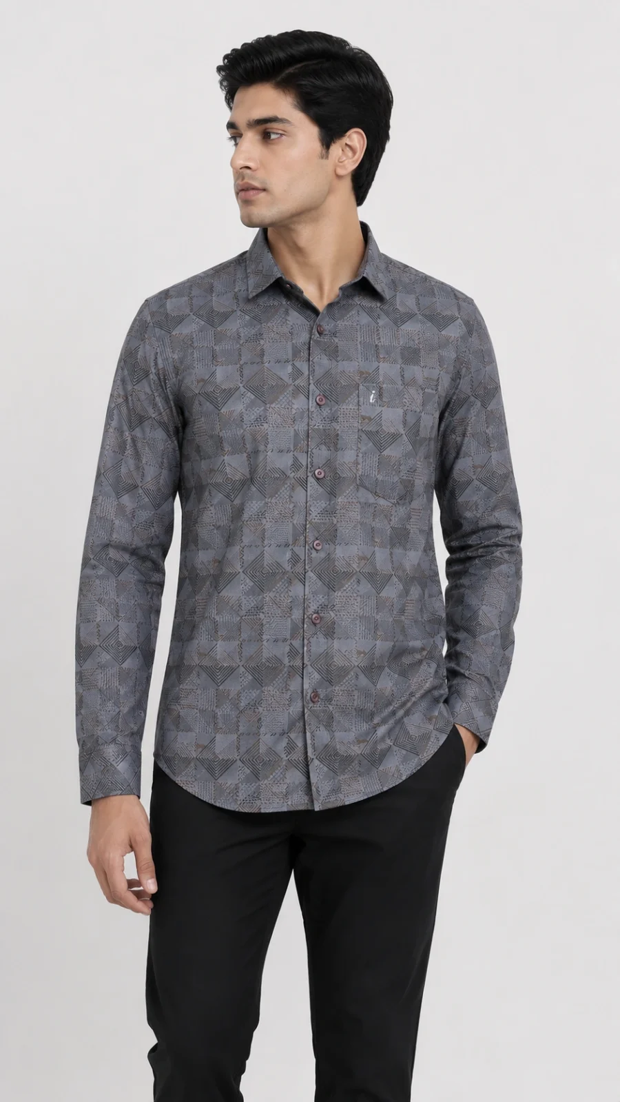 Men's Grey Geometric Printed Full Sleeve Casual Shirt
