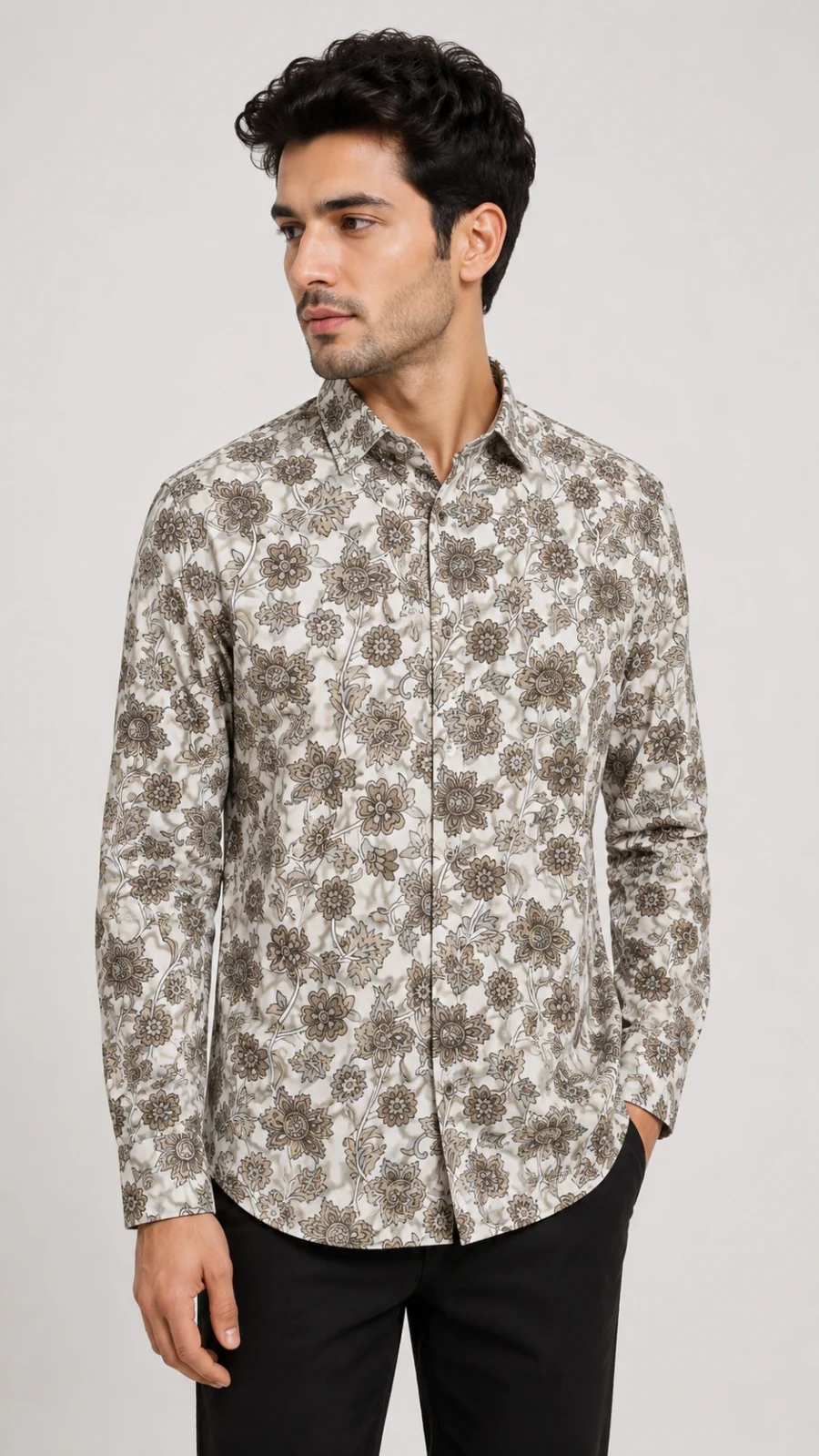 Men's White & Taupe Floral Print Full Sleeve Casual Shirt