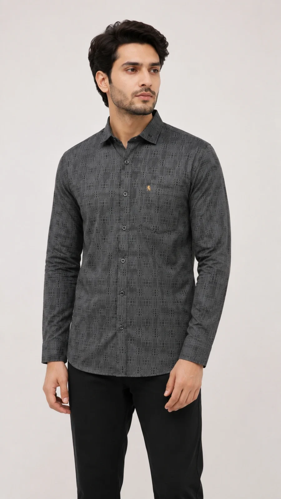 Men's Charcoal Grey Geometric Pattern Full Sleeve Casual Shirt