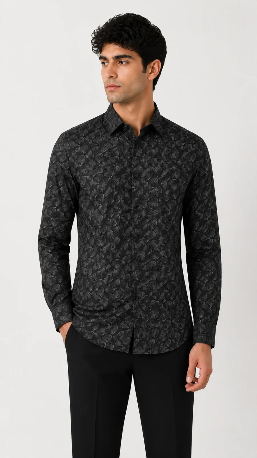 Men’s Black Floral Pattern Full-Sleeve Shirt