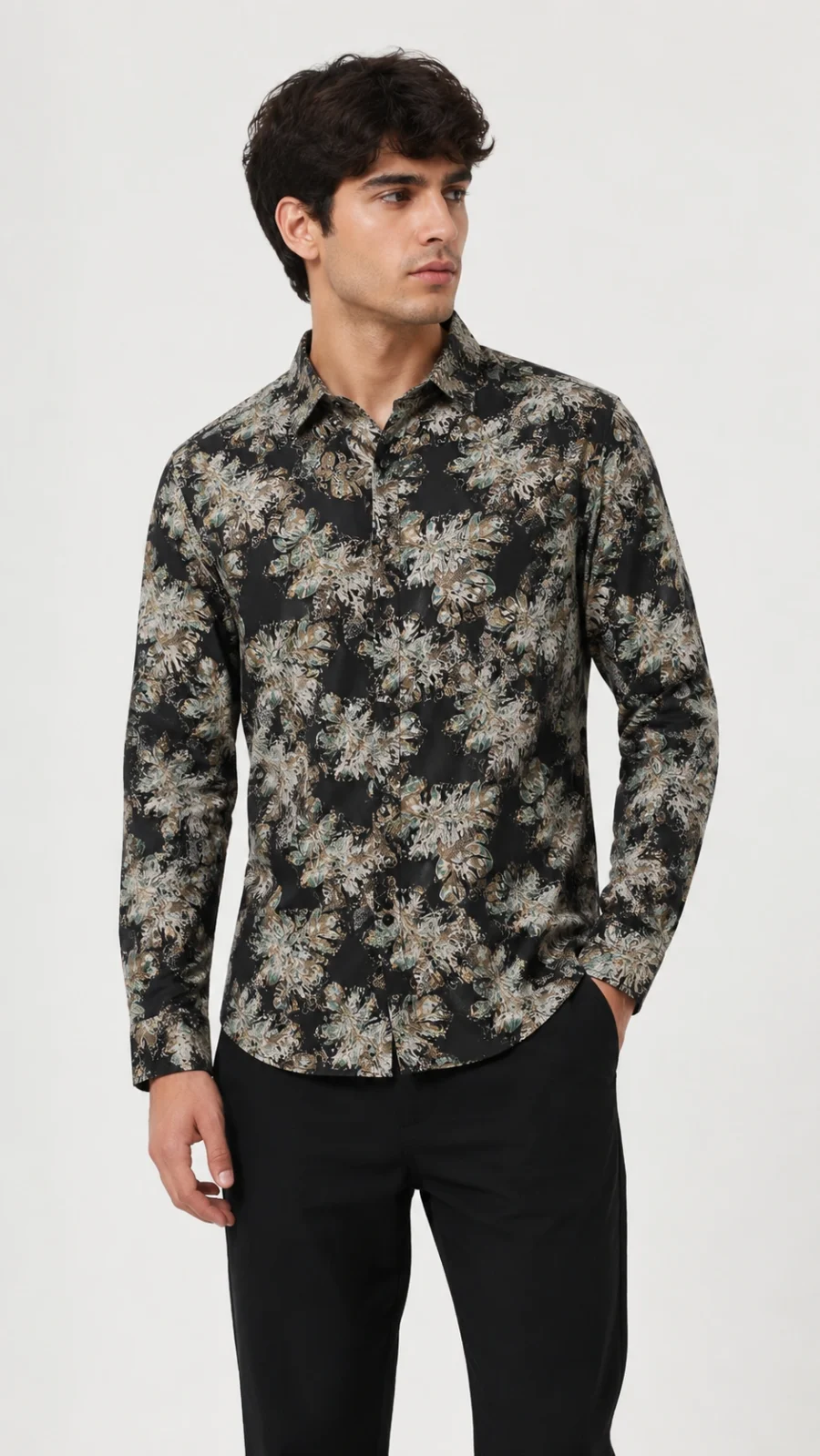 Men’s Black Tropical Floral Print Full-Sleeve Shirt