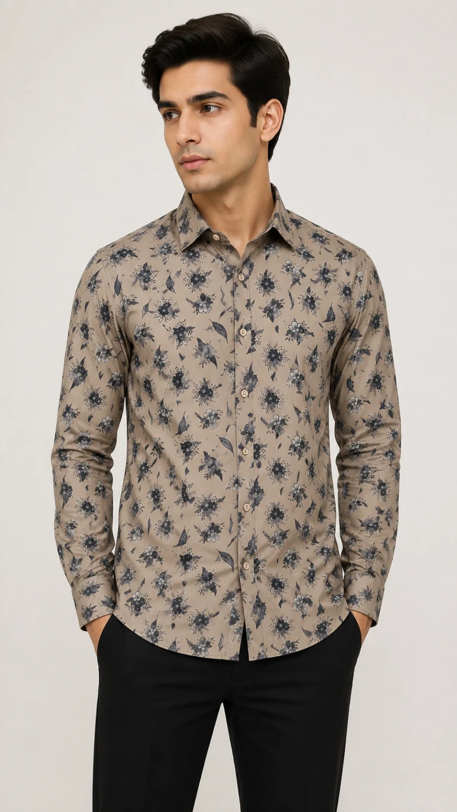 Beige Floral Print Full-Sleeve Casual Shirt
