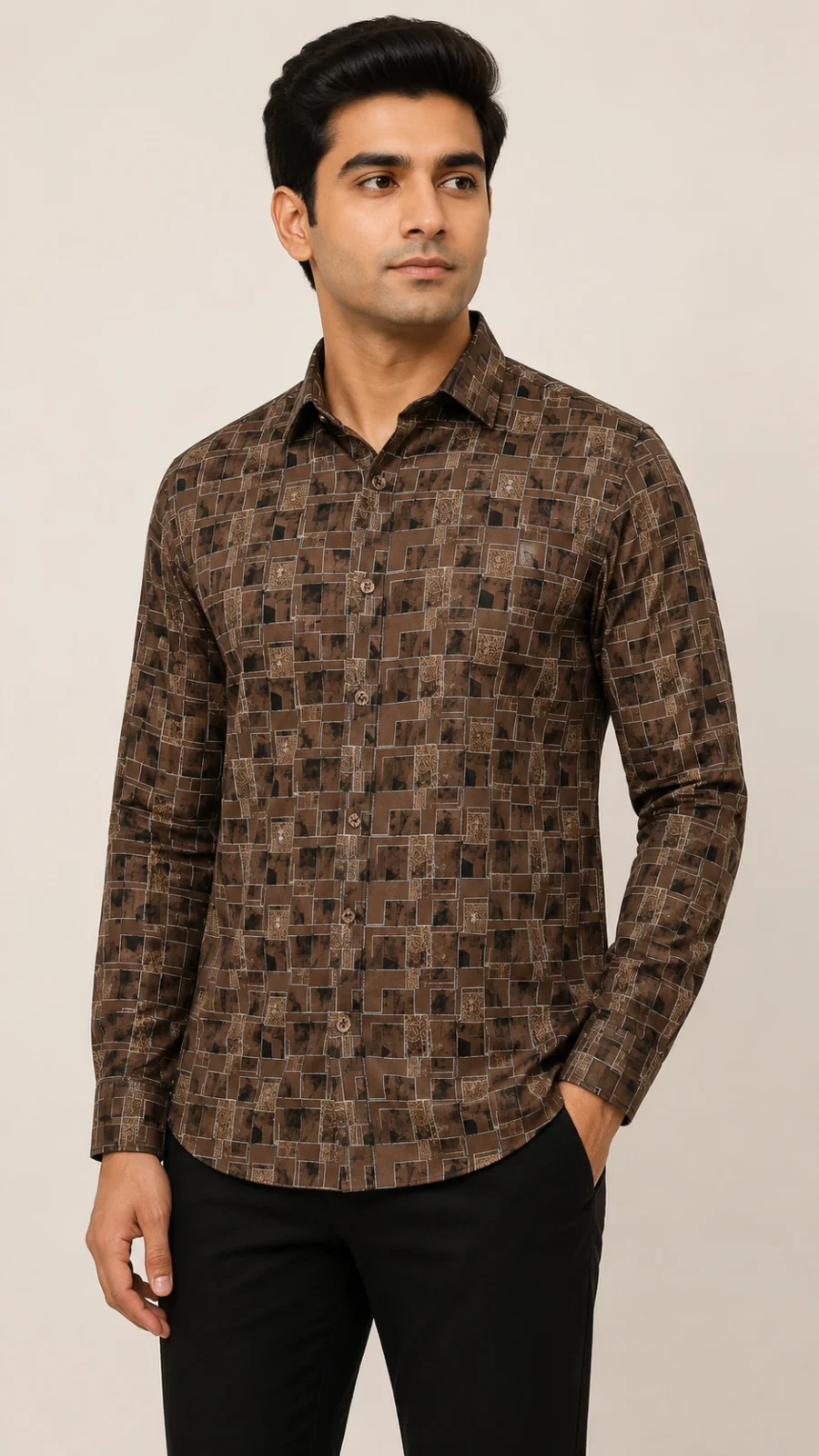 Men’s Brown Geometric Print Full-Sleeve Shirt