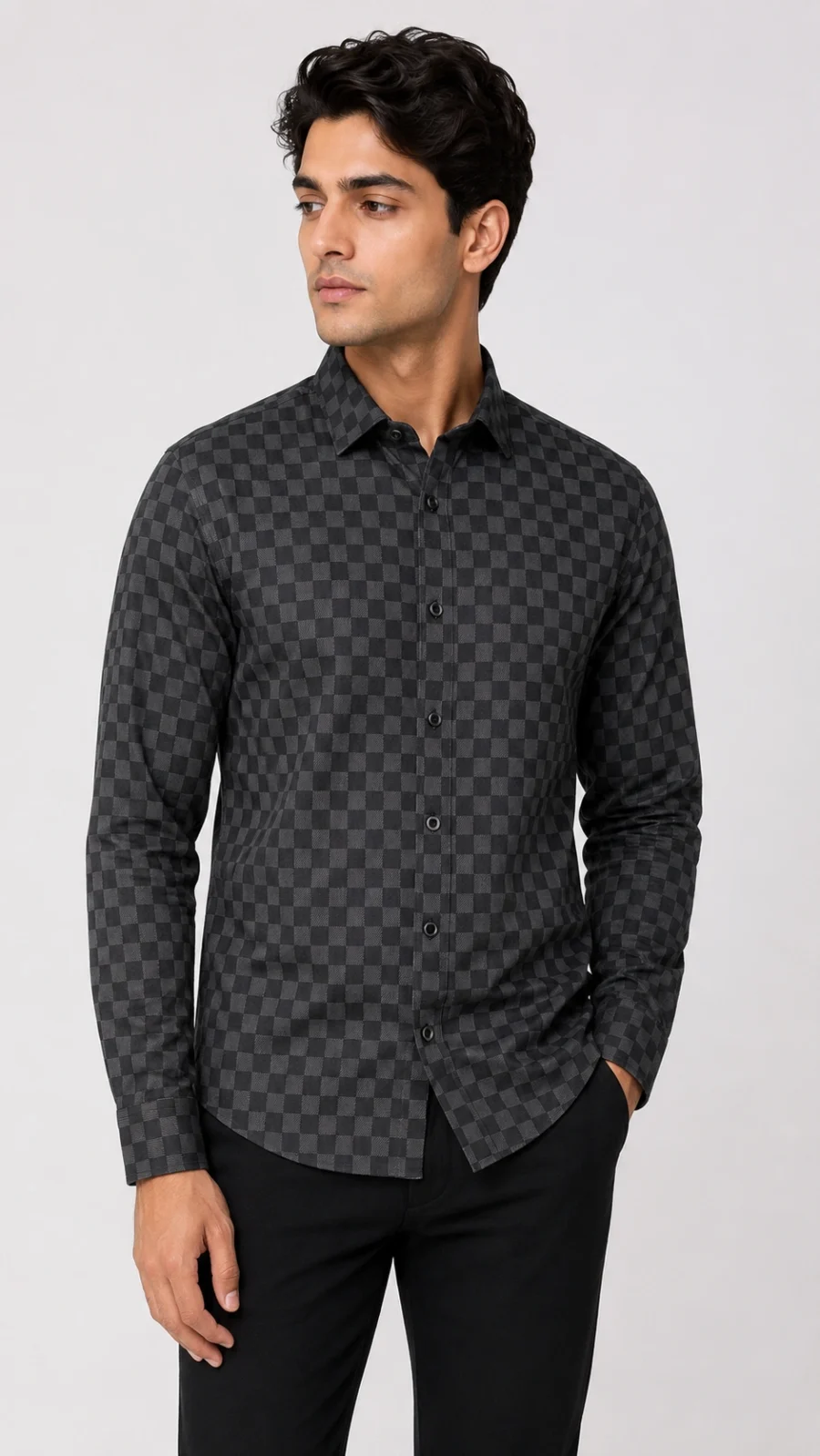Men’s Charcoal Grey Checkered Full-Sleeve Shirt