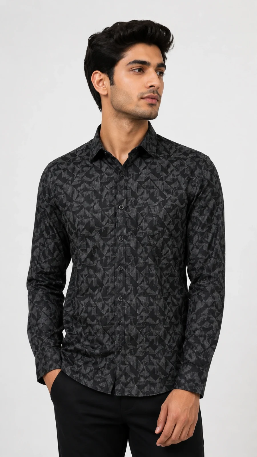 Men’s Black & Grey Geometric Print Full-Sleeve Shirt