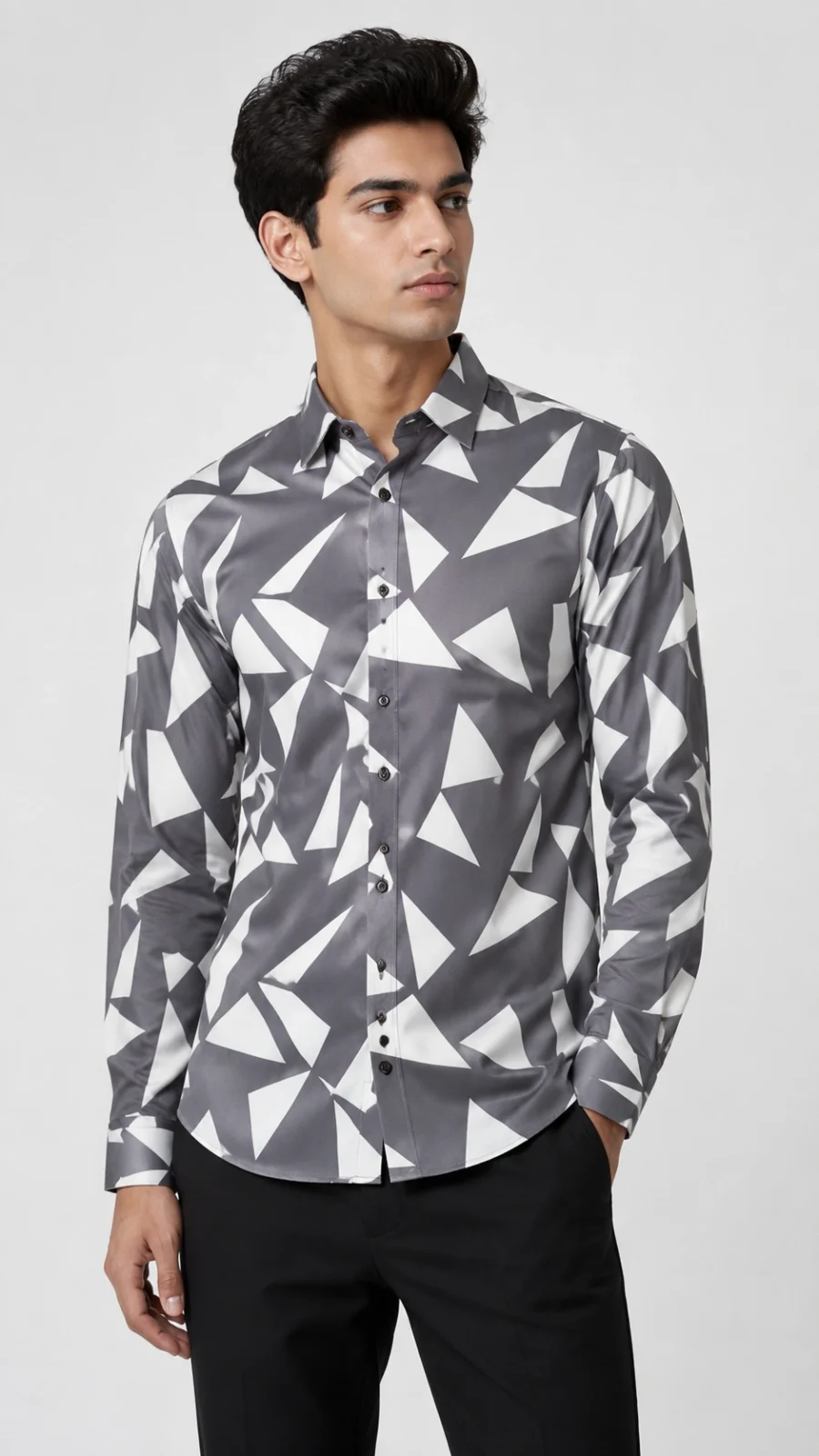 Grey & White Geometric Print Full-Sleeve Shirt