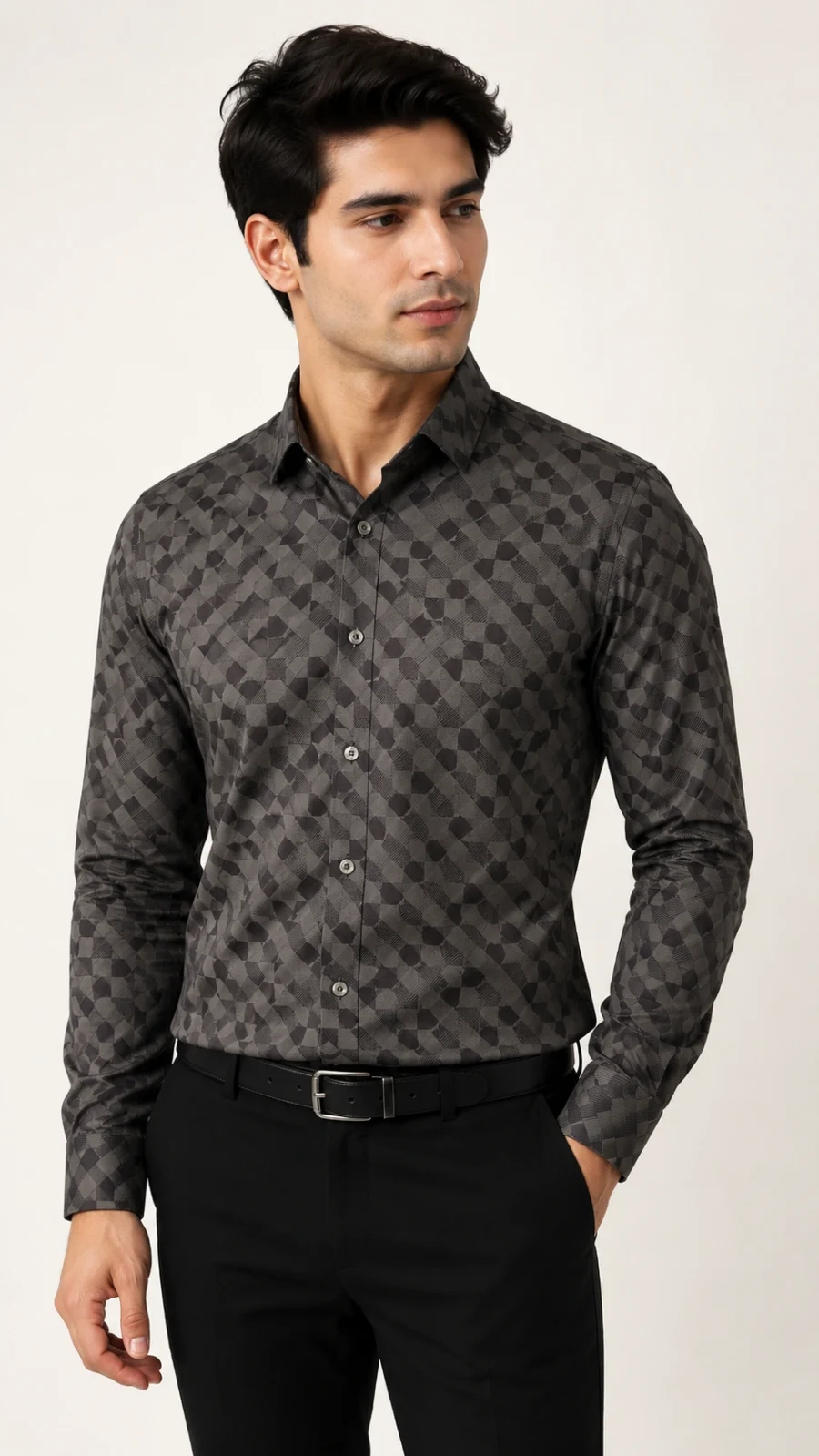 Men’s Grey Geometric Check Full-Sleeve Shirt