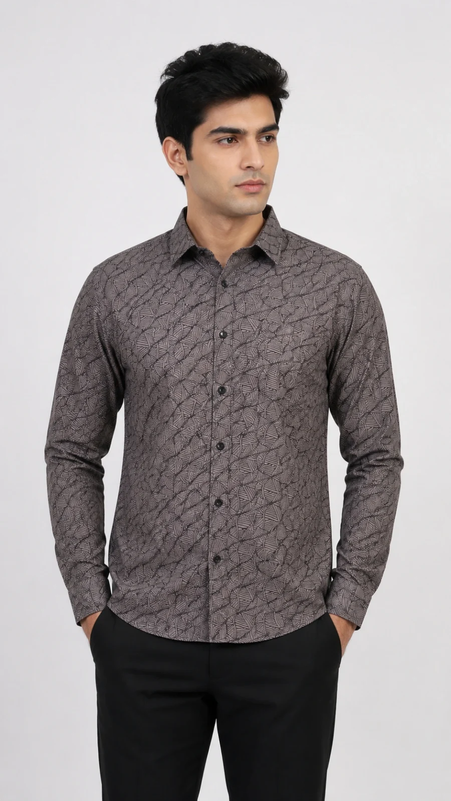 Men’s Grey Abstract Geometric Print Full-Sleeve Shirt
