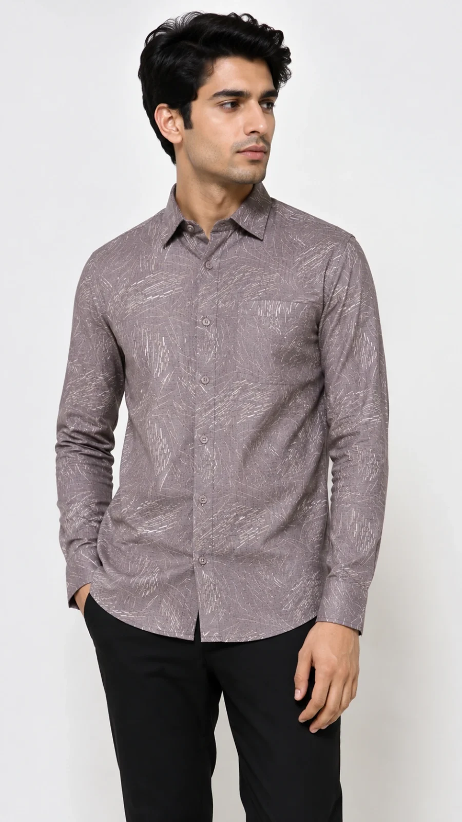 Men’s Taupe Grey Abstract Print Full-Sleeve Shirt