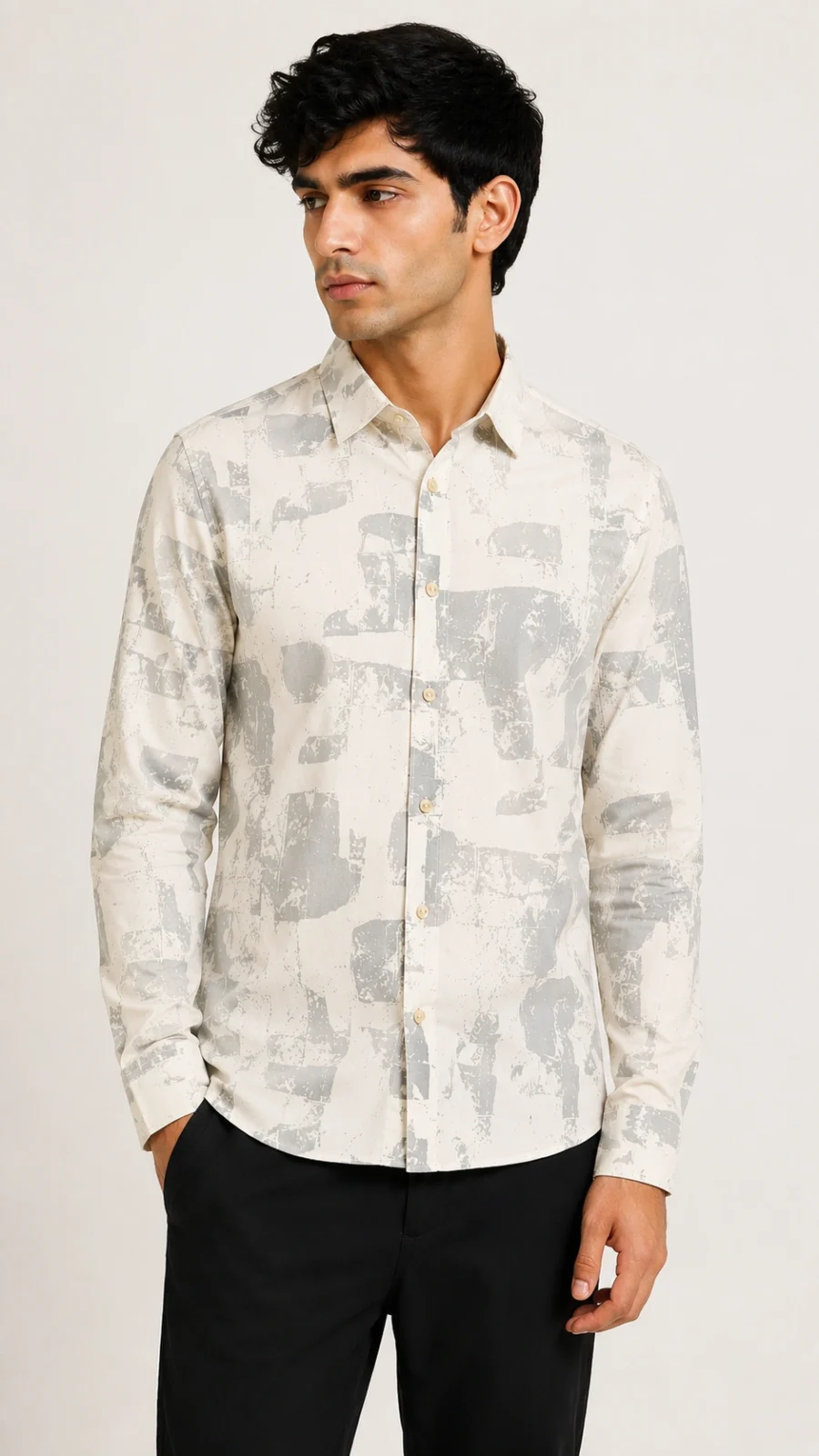 Men’s Off-White & Grey Abstract Print Premium Cotton Shirt