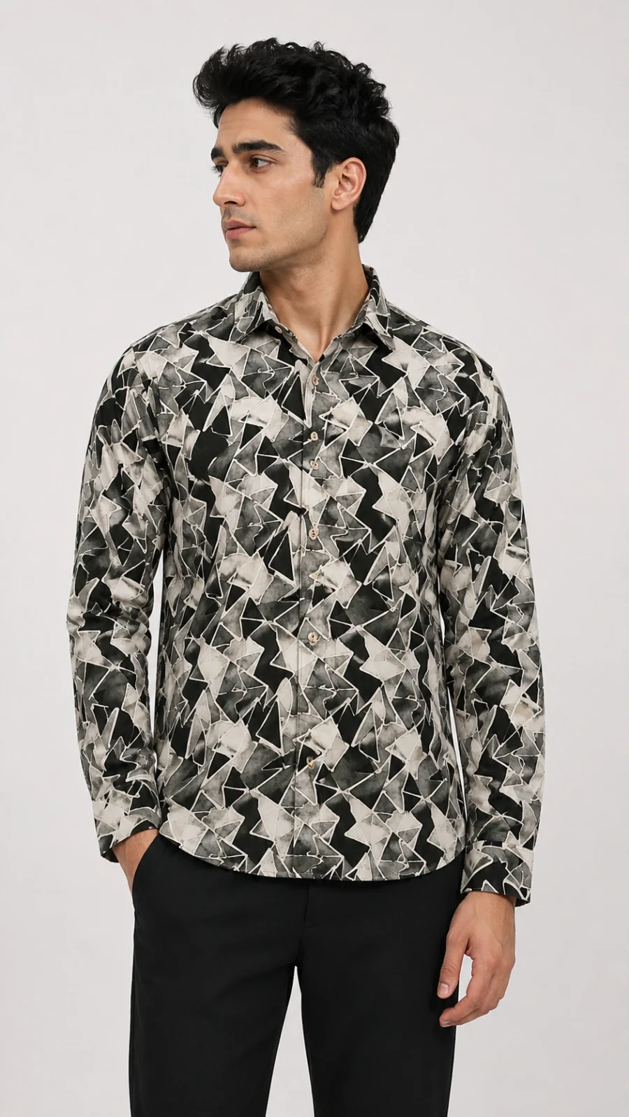 Men’s Monochrome Abstract Geometric Print Full-Sleeve Shirt