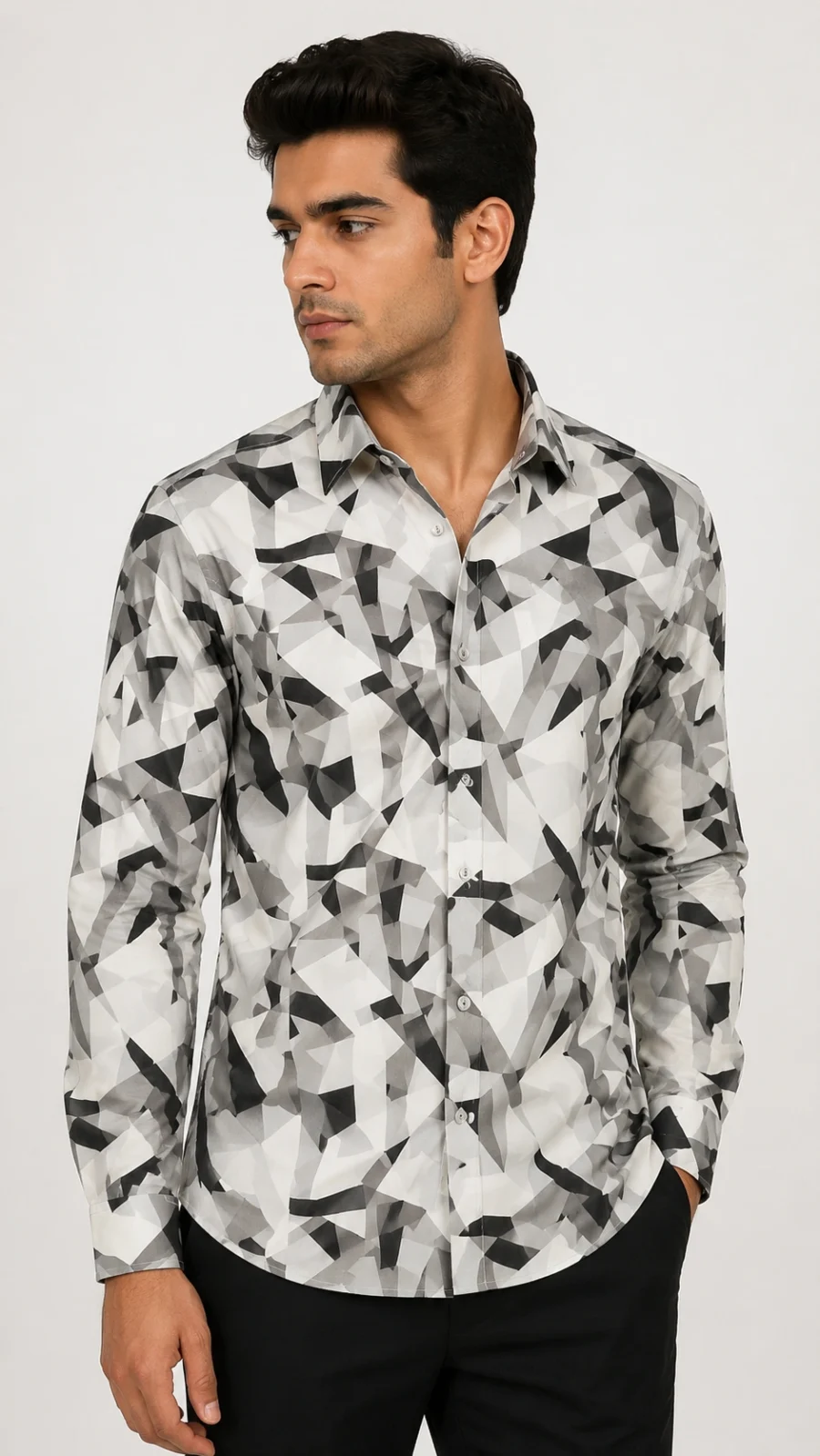 Men’s Monochrome Abstract Geometric Print Full-Sleeve Shirt