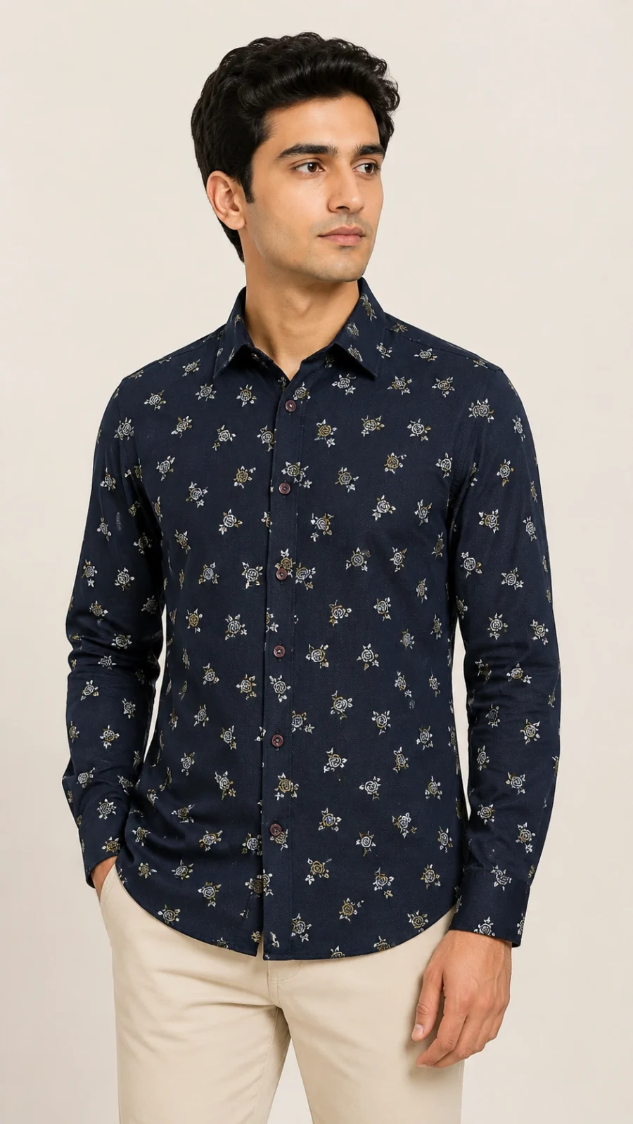 Men’s Navy Blue Floral Print Full-Sleeve Shirt