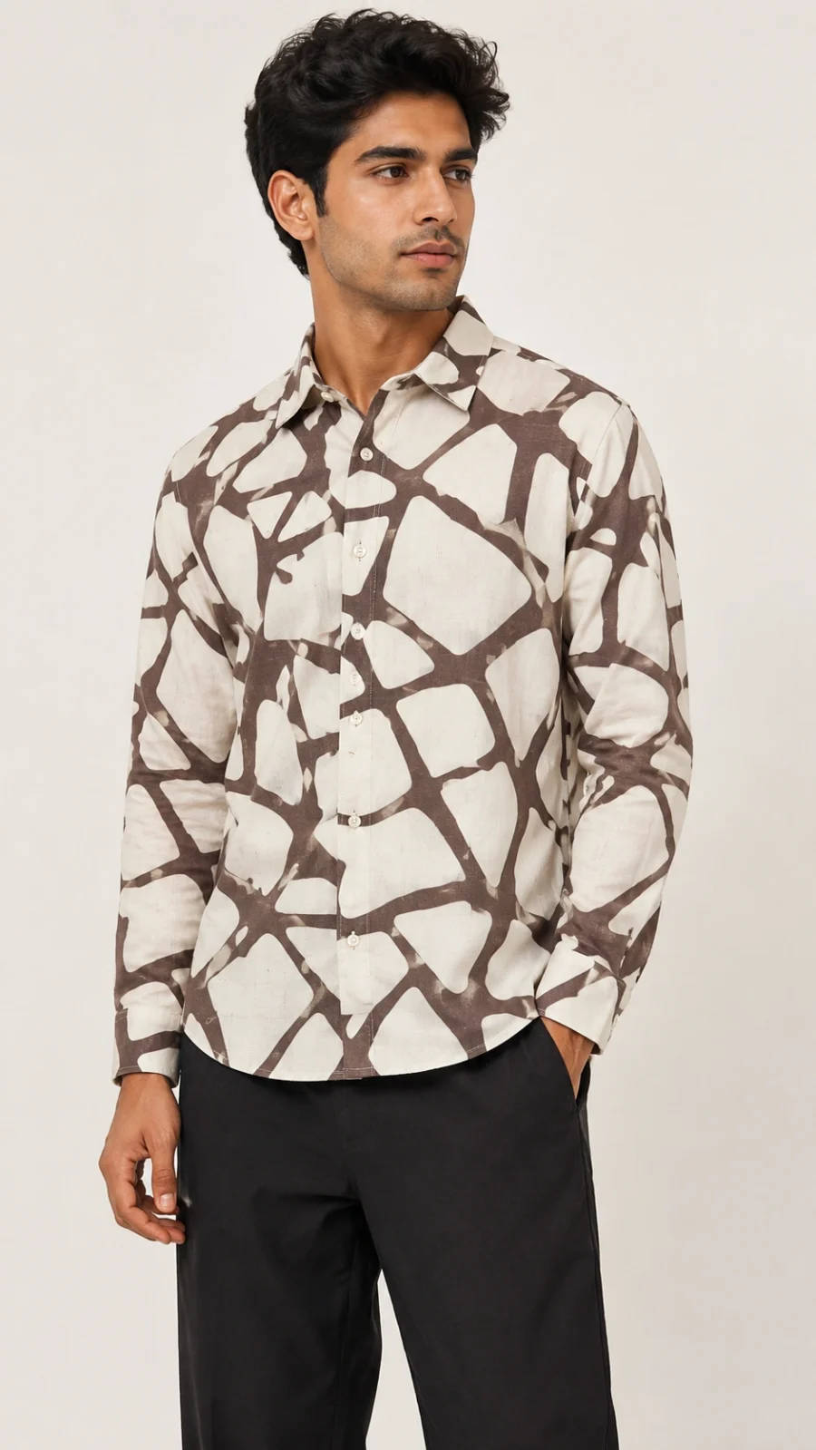 Men’s Cream & Brown Abstract Print Full-Sleeve Shirt