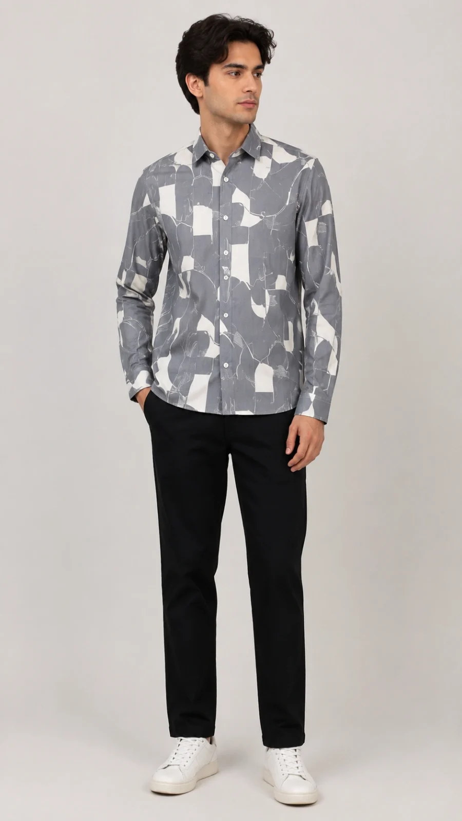Men’s Grey & White Abstract Print Full-Sleeve Shirt