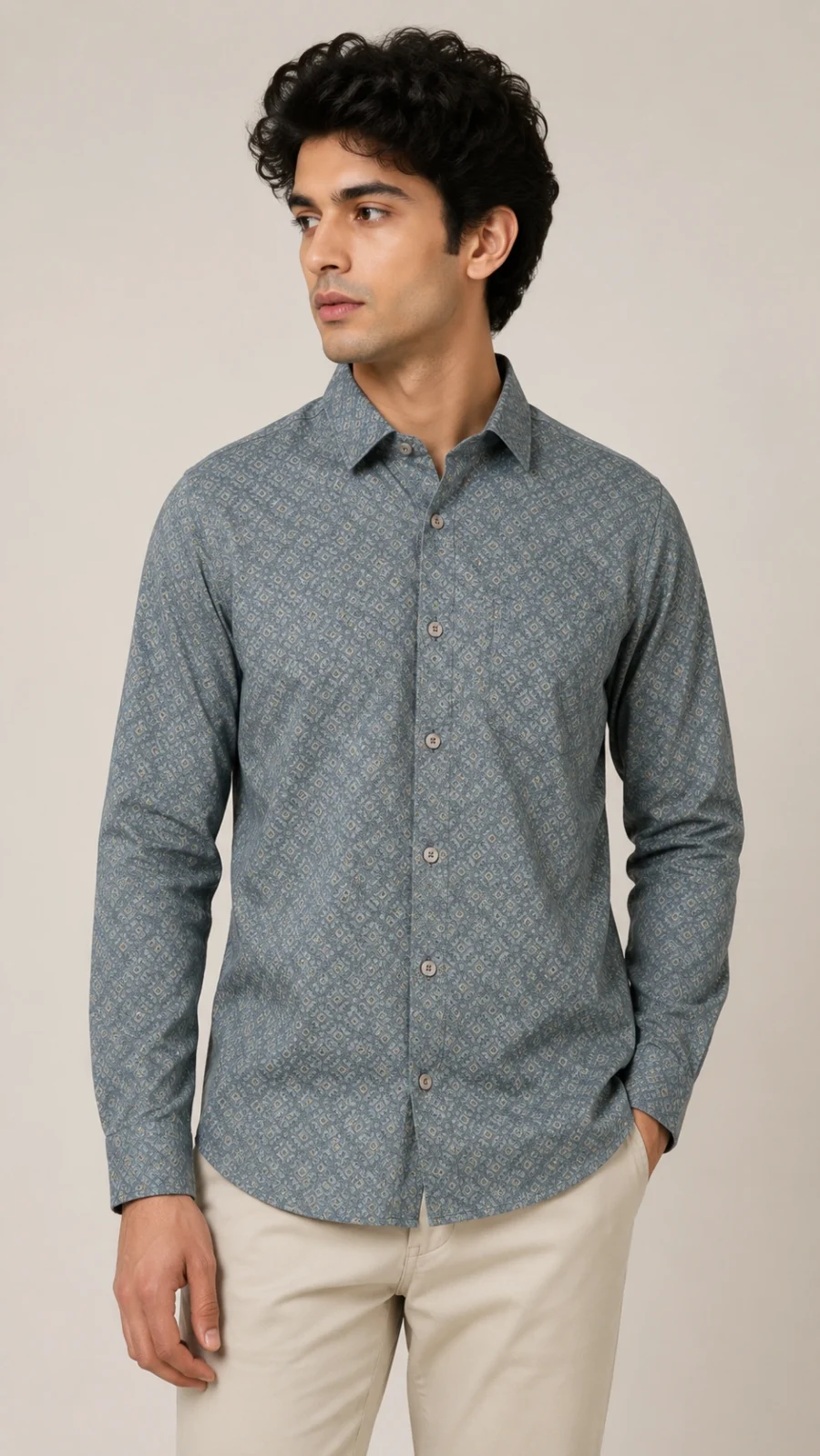 Men’s Grey-Blue Geometric Print Full Sleeve Shirt