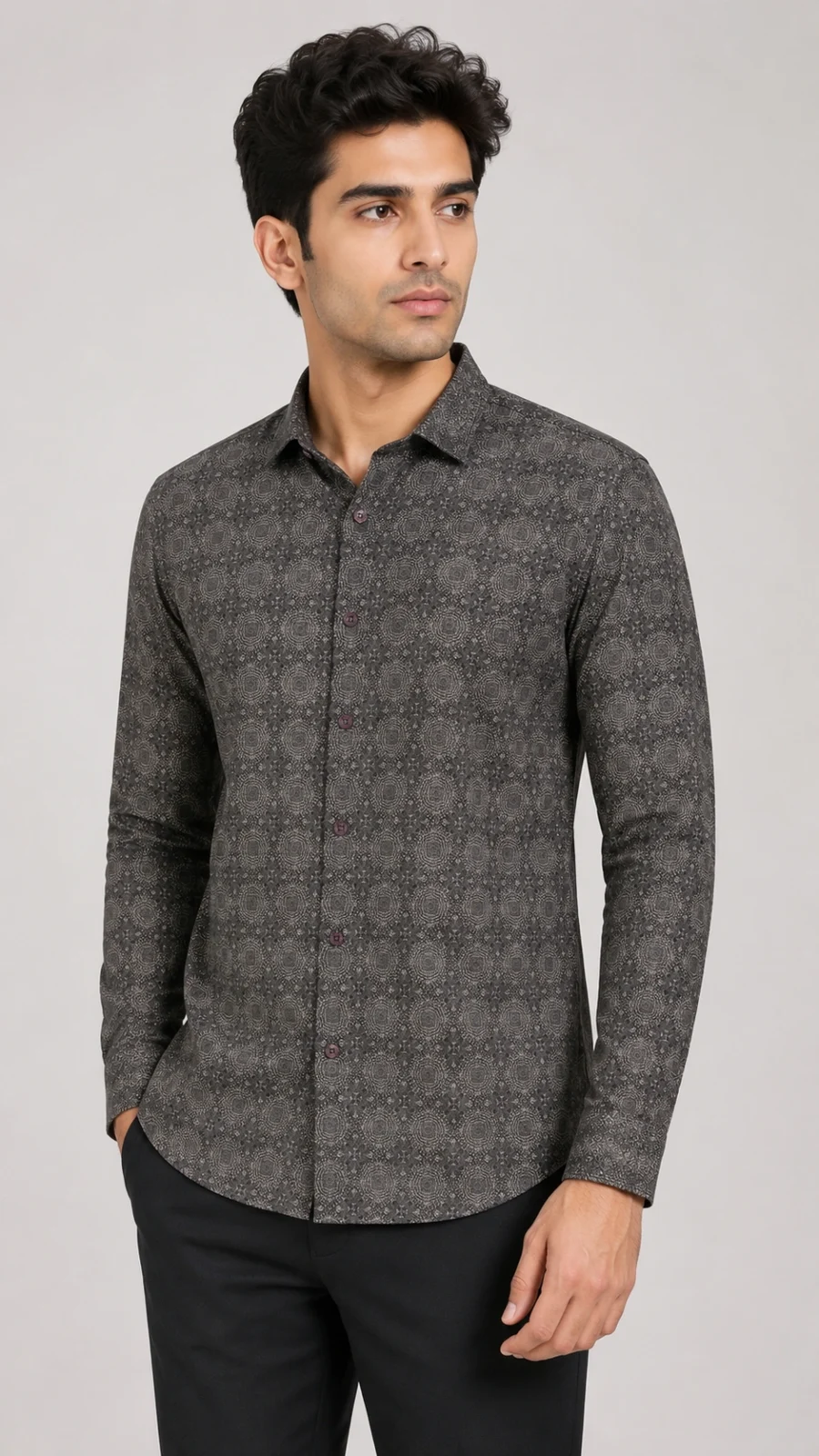 Men’s Charcoal Grey Geometric Print Full-Sleeve Shirt