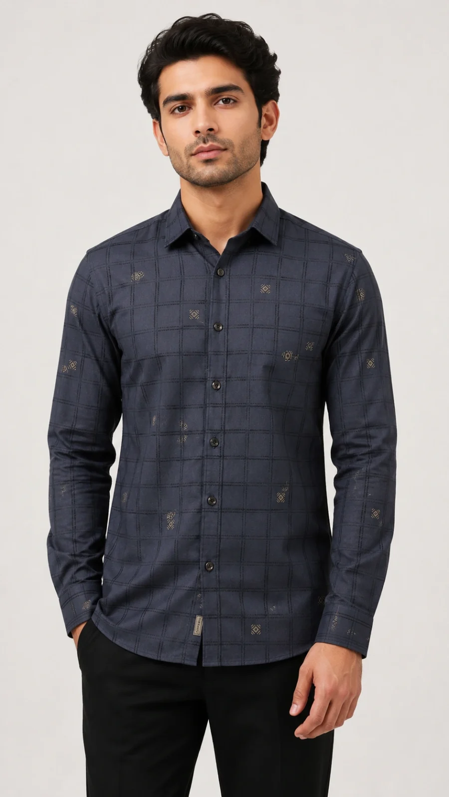 Men's Navy Blue Vertical Stripe Lycra Full Sleeve Casual Shirt