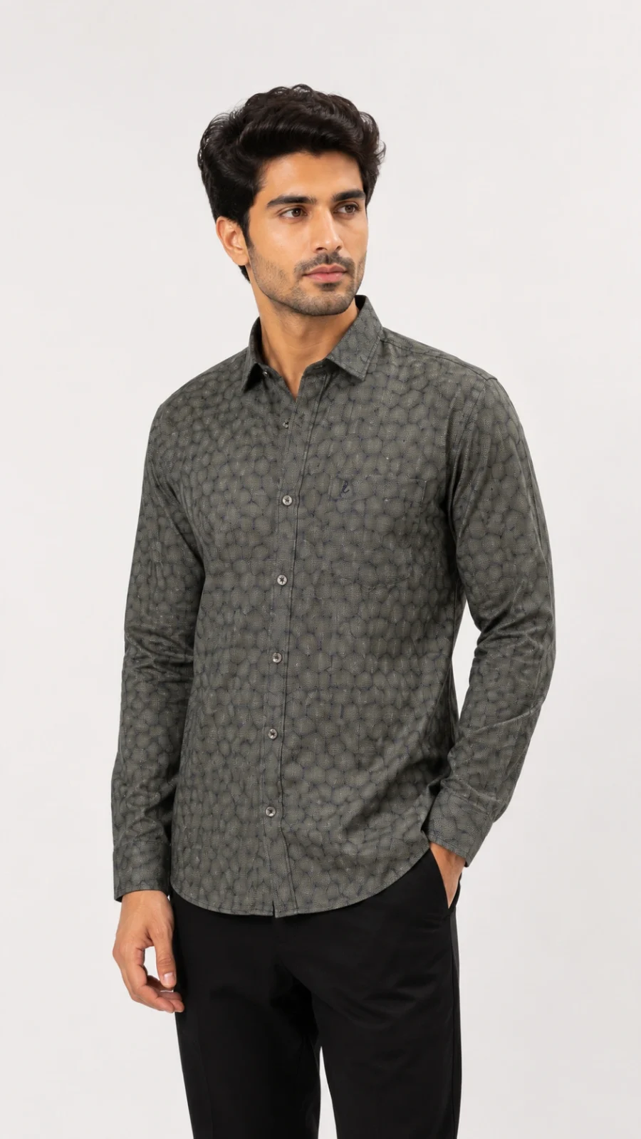 Men's Olive Grey Geometric Print Full Sleeve Casual Shirt