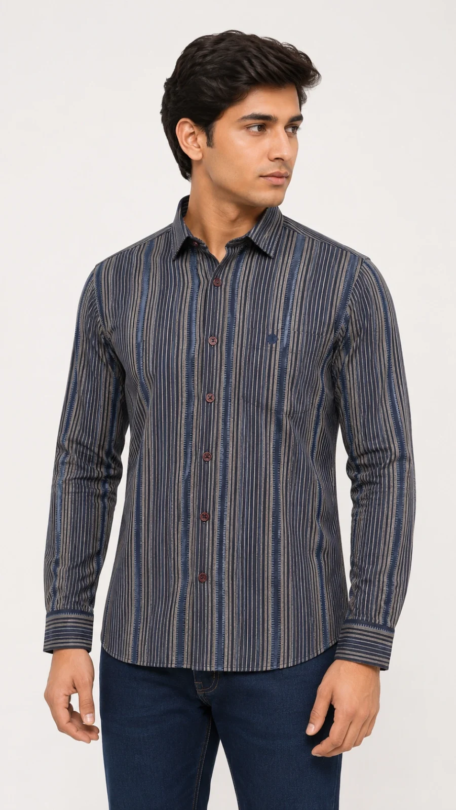 Men's Navy Blue Vertical Stripe Lycra Full Sleeve Casual Shirt