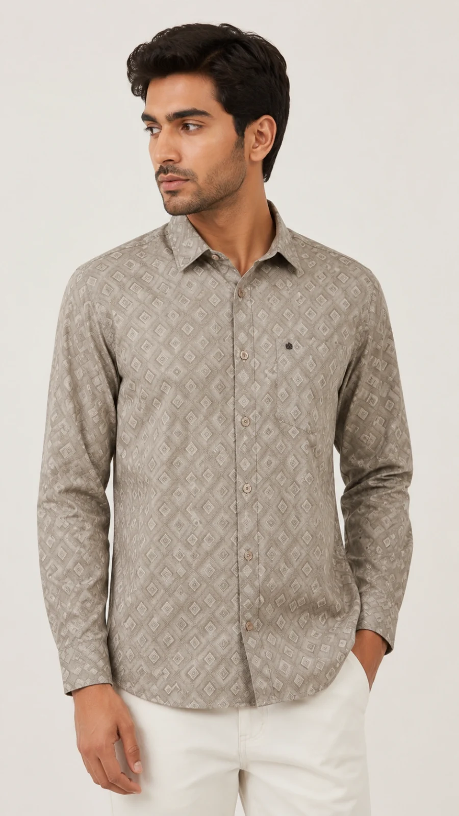 Men's Beige Geometric Print Full Sleeve Casual Shirt