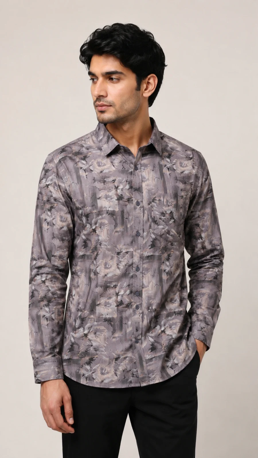 Men's Grey Abstract Floral Print Full Sleeve Casual Shirt