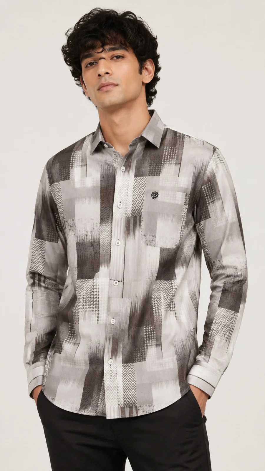 Men's Grey & White Abstract Geometric Printed Full Sleeve Lycra Shirt