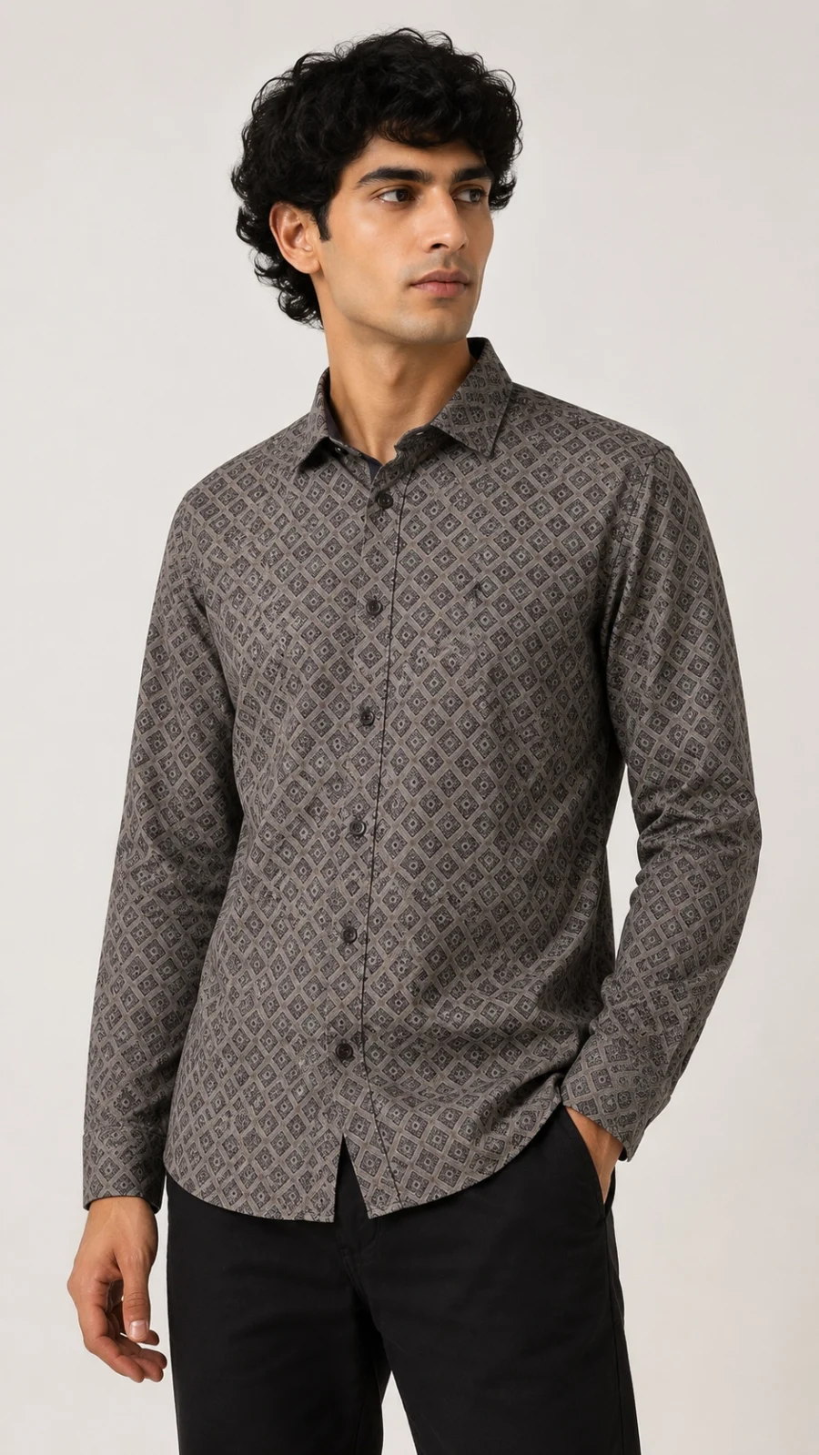 Men's Grey Geometric Print Full Sleeve Casual Shirt