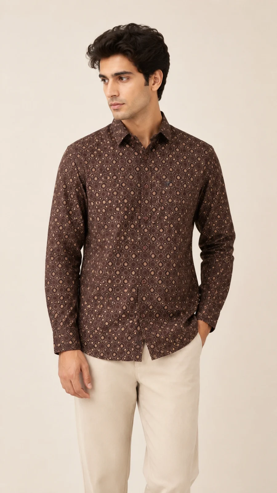 Men's Brown Geometric Print Full Sleeve Casual Shirt