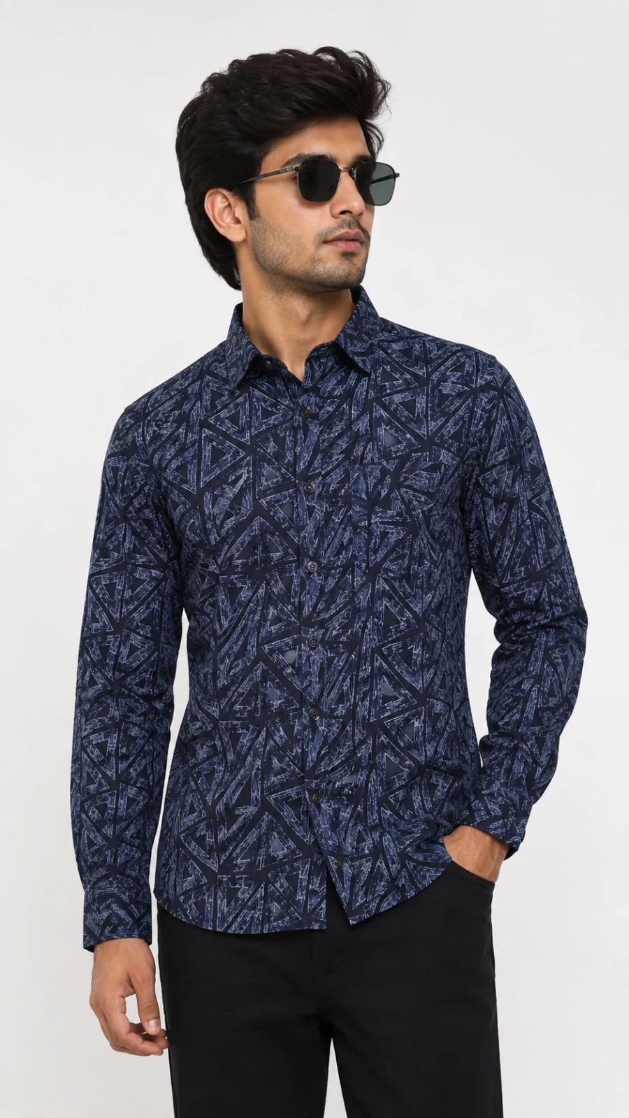 Men's Navy Blue Geometric Print Full Sleeve Casual Shirt