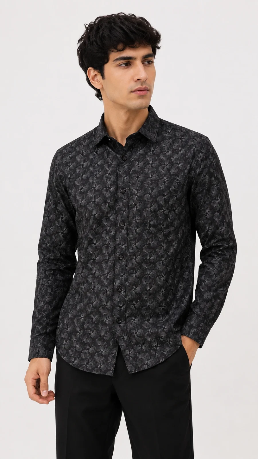 Men's Black Abstract Swirl Print Full Sleeve Casual Shirt