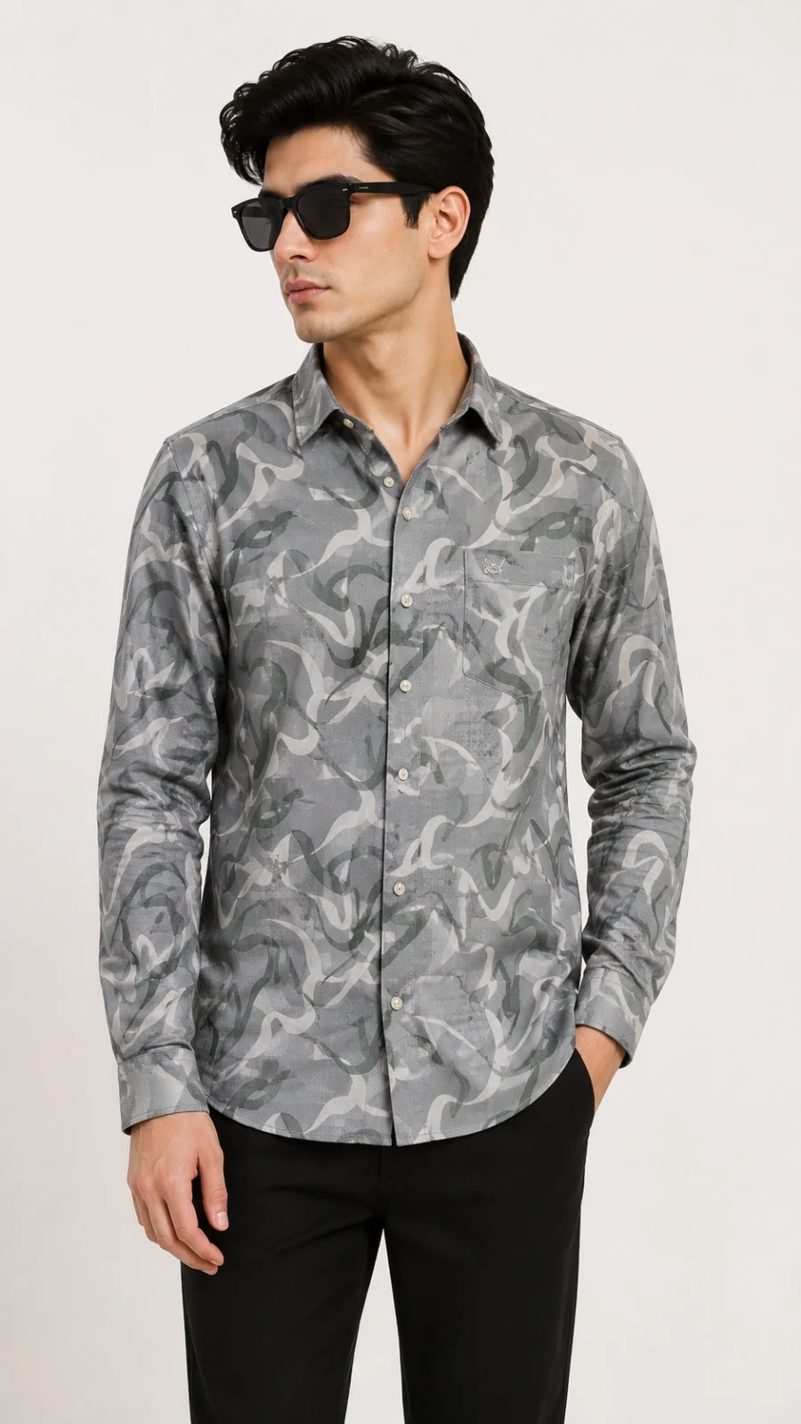 Men's Grey Abstract Print Full Sleeve Cotton Casual Shirt